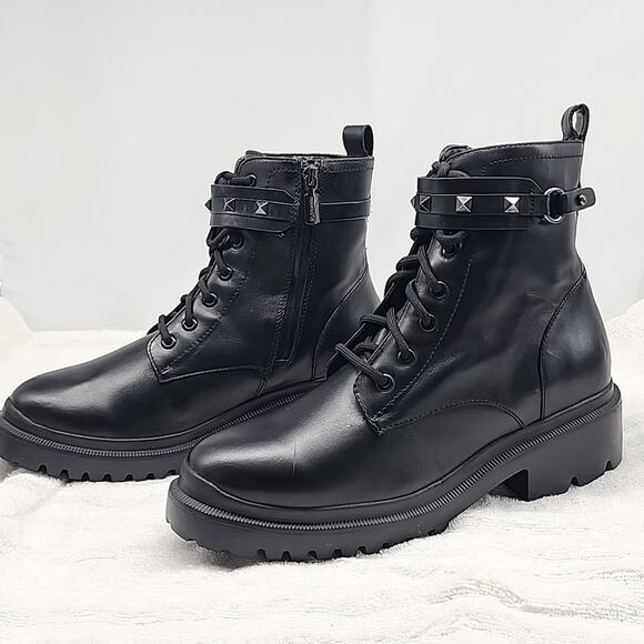 BLONDO CECILIA BLACK LEATHER WATERPROOF MOTO COMBAT CHUNKY SOLE LADIES 9.5 NWOB - Picture 1 of 16